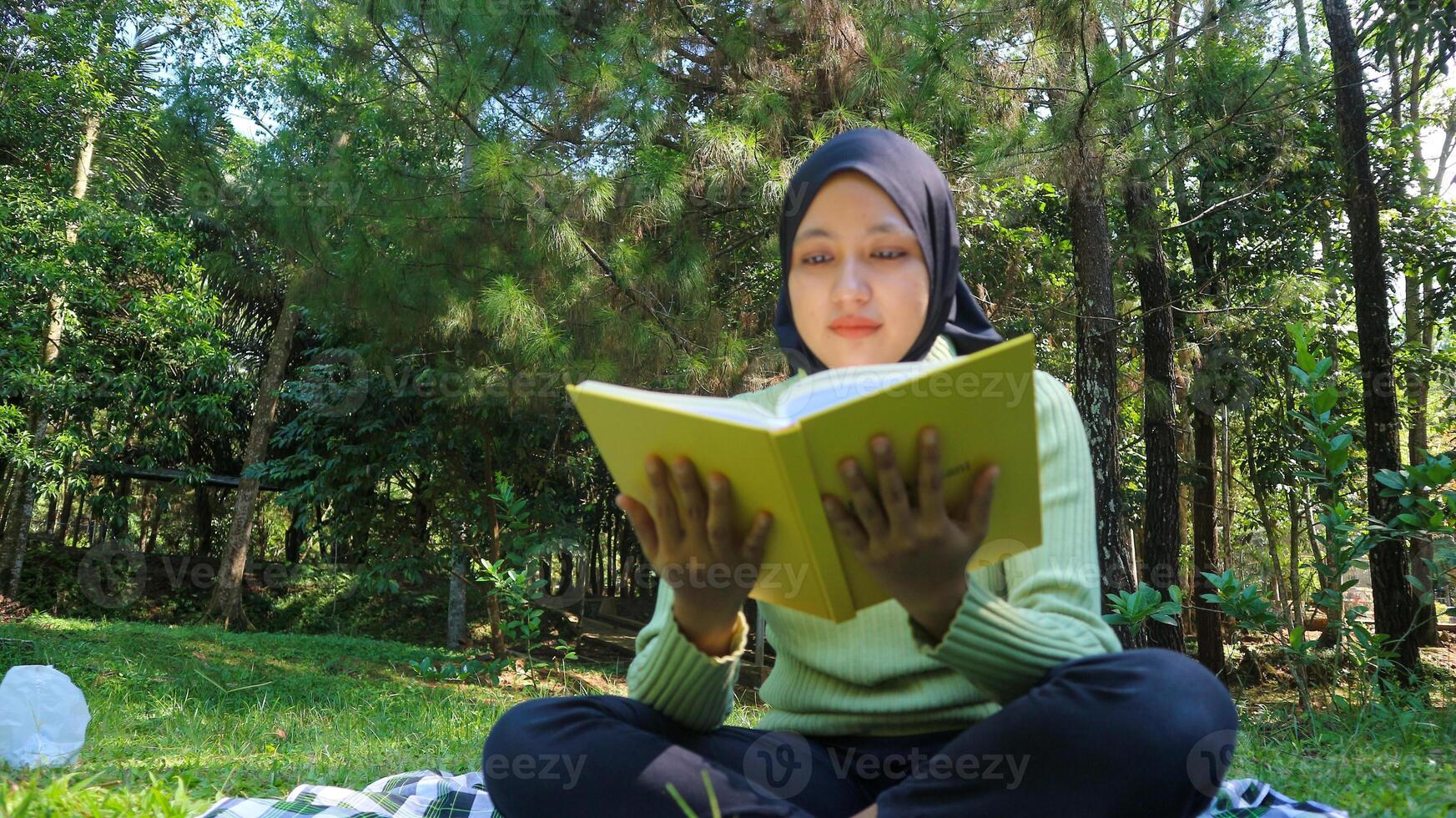 ontspannen moslim vrouw genieten van weekend Bij park, zittend Aan gras en lezing boek, leeg ruimte foto