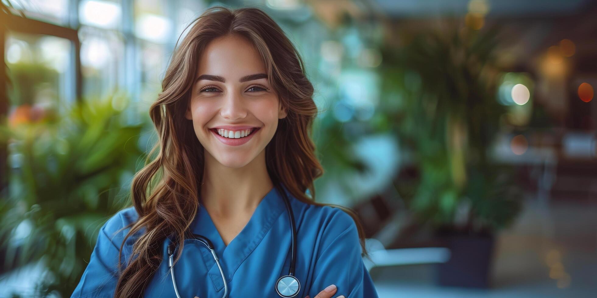 ai gegenereerd glimlachen vrouw in blauw schrobben pak met stethoscoop foto