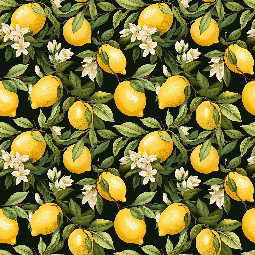 ai gegenereerd wijnoogst botanisch naadloos patroon van citroenen en bladeren foto