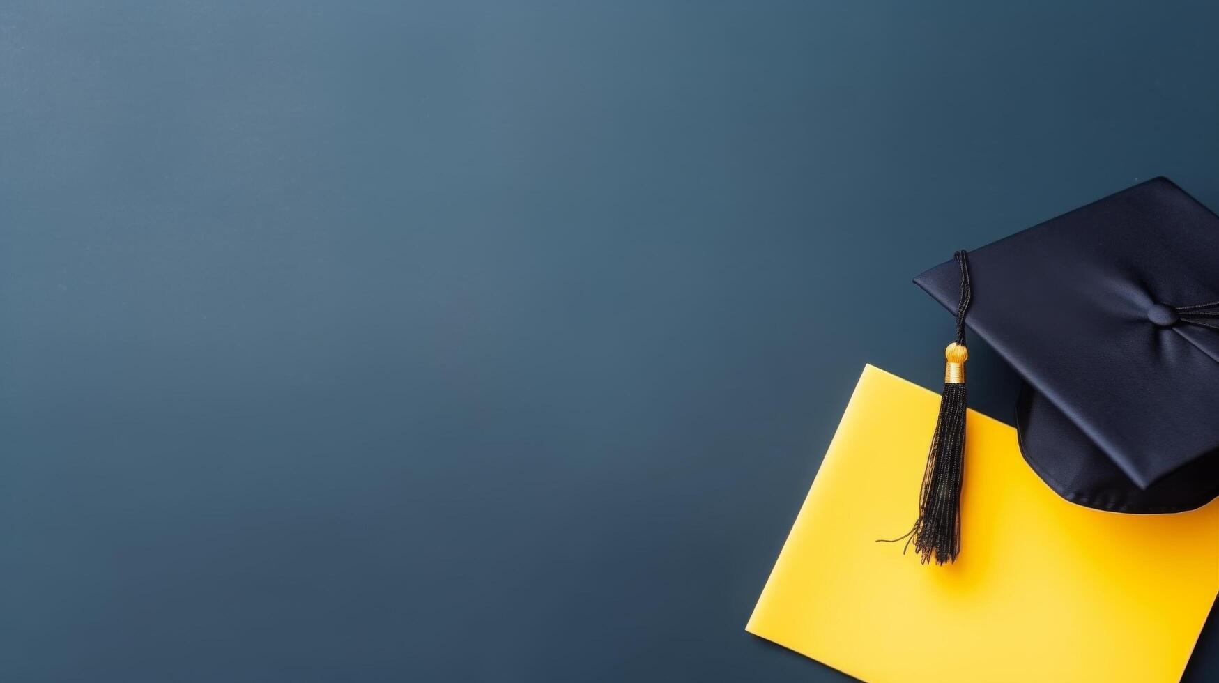 diploma uitreiking petten en goud confetti Aan zwart achtergrond foto