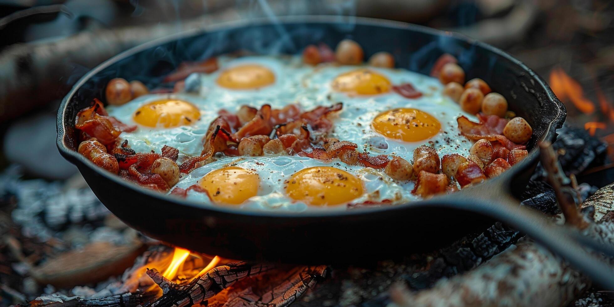 eieren en spek Koken in een koekepan over- een kampvuur foto