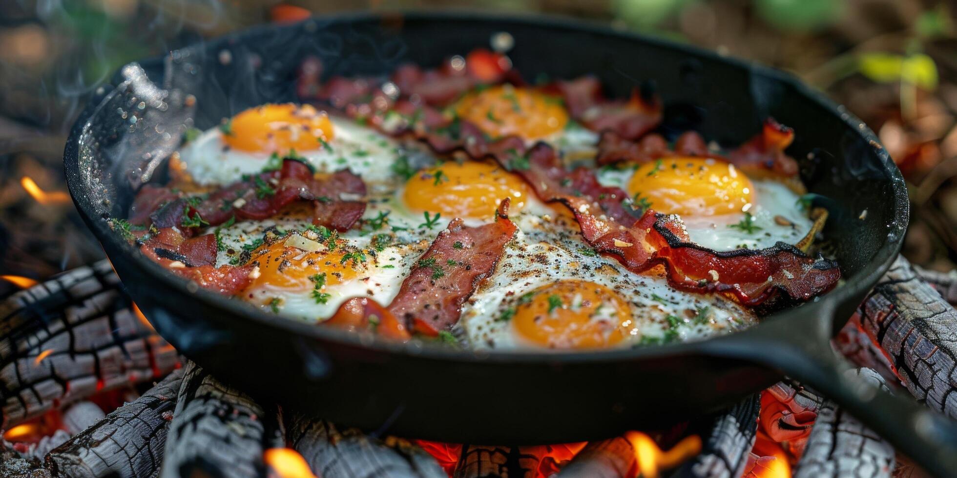 eieren en spek Koken in een koekepan over- een kampvuur foto