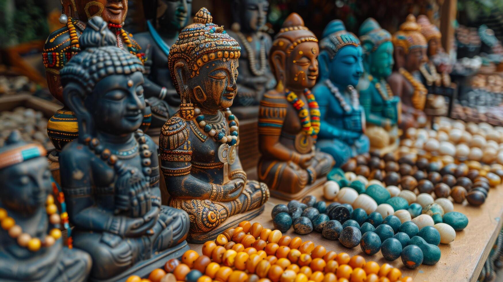 rij van totem polen Aan houten tafel foto