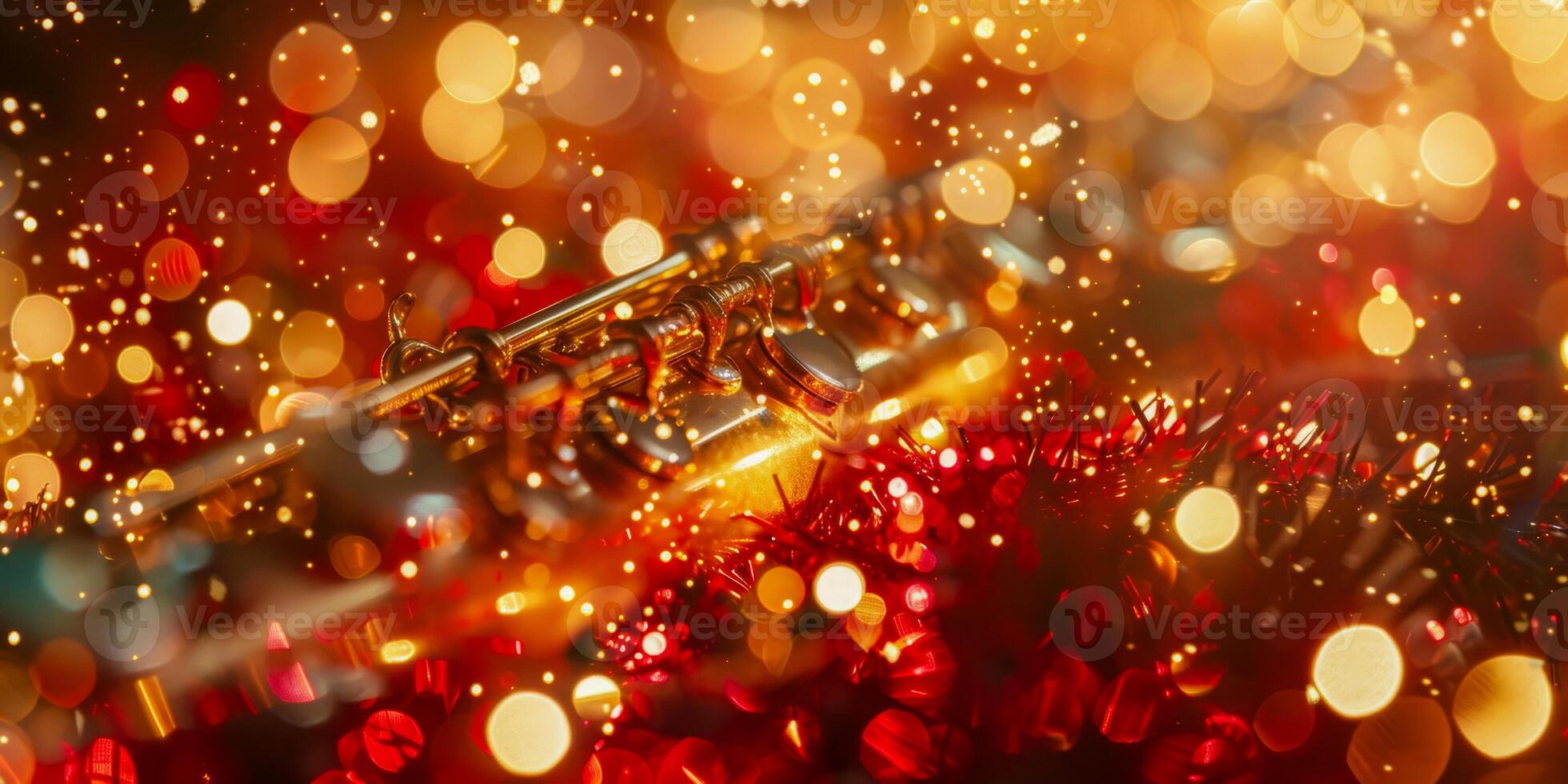 ai gegenereerd de glimmend einde van een wind instrument reflecterend een zee van rood en gouden lichten, geven een feestelijk en musical humeur foto