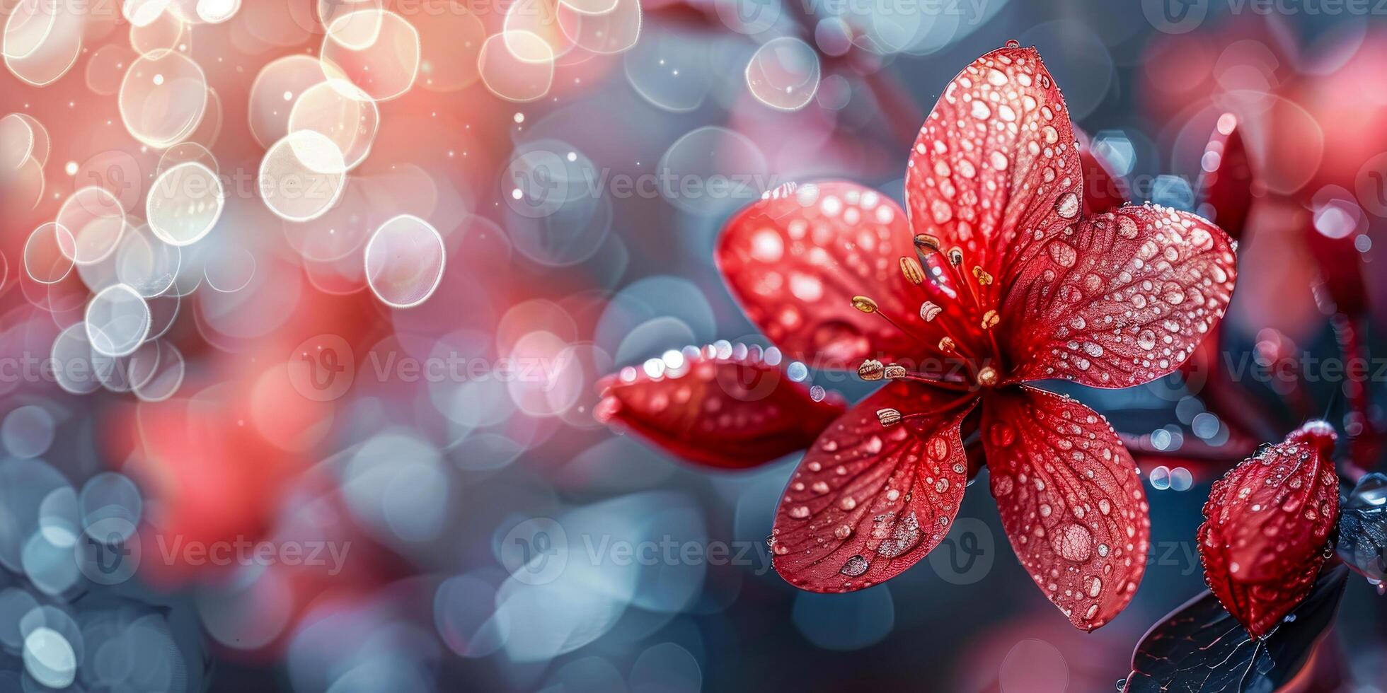 ai gegenereerd rood Pruim bloesems glanzend met dauw tegen een teder gloed van bokeh lichten, oproepen tot een zin van vers begin foto