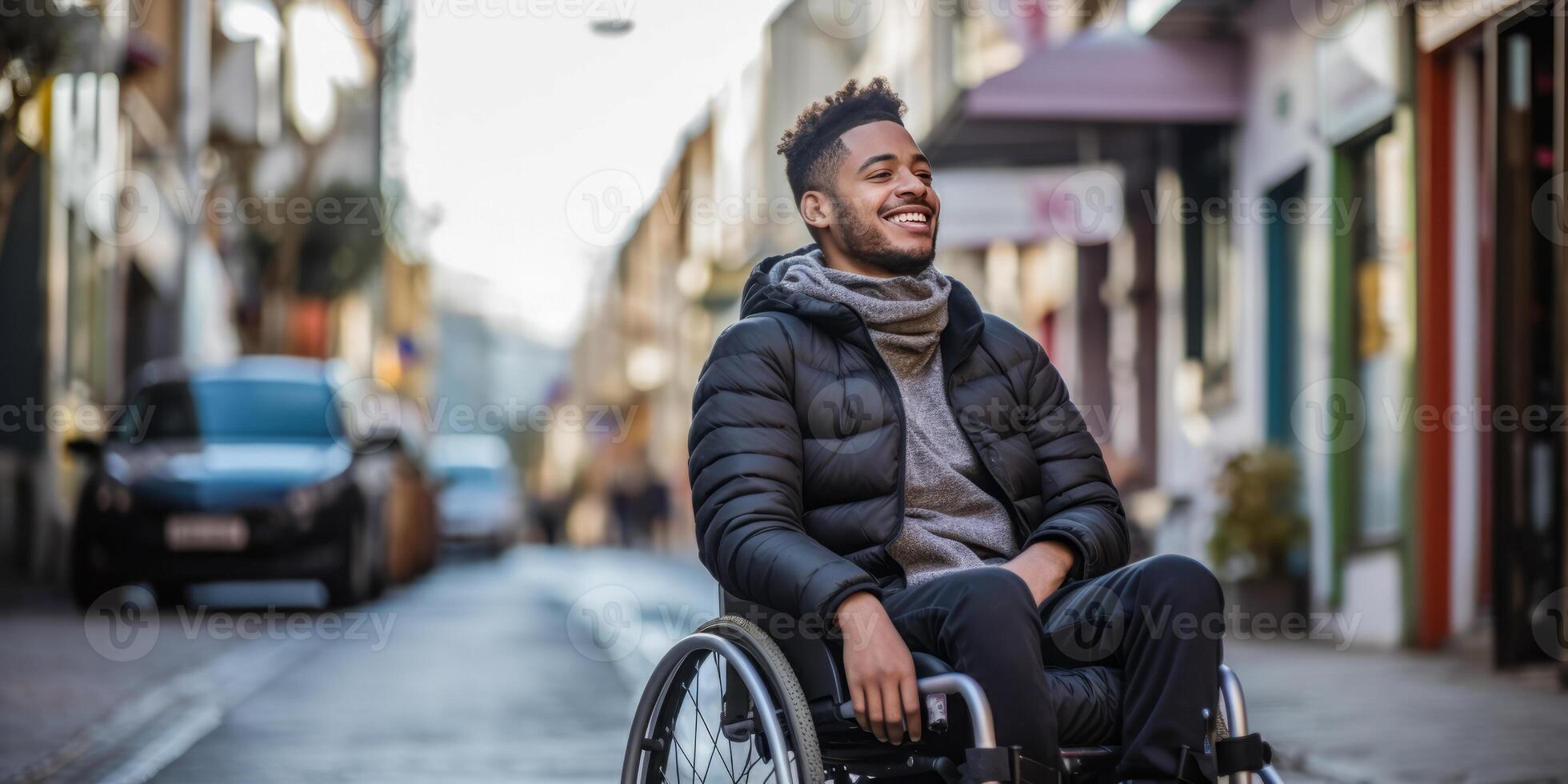 ai gegenereerd glimlachen jong Mens in een rolstoel genieten van de zon Aan een levendig stad straat, reflecterend vreugde en toegankelijkheid foto