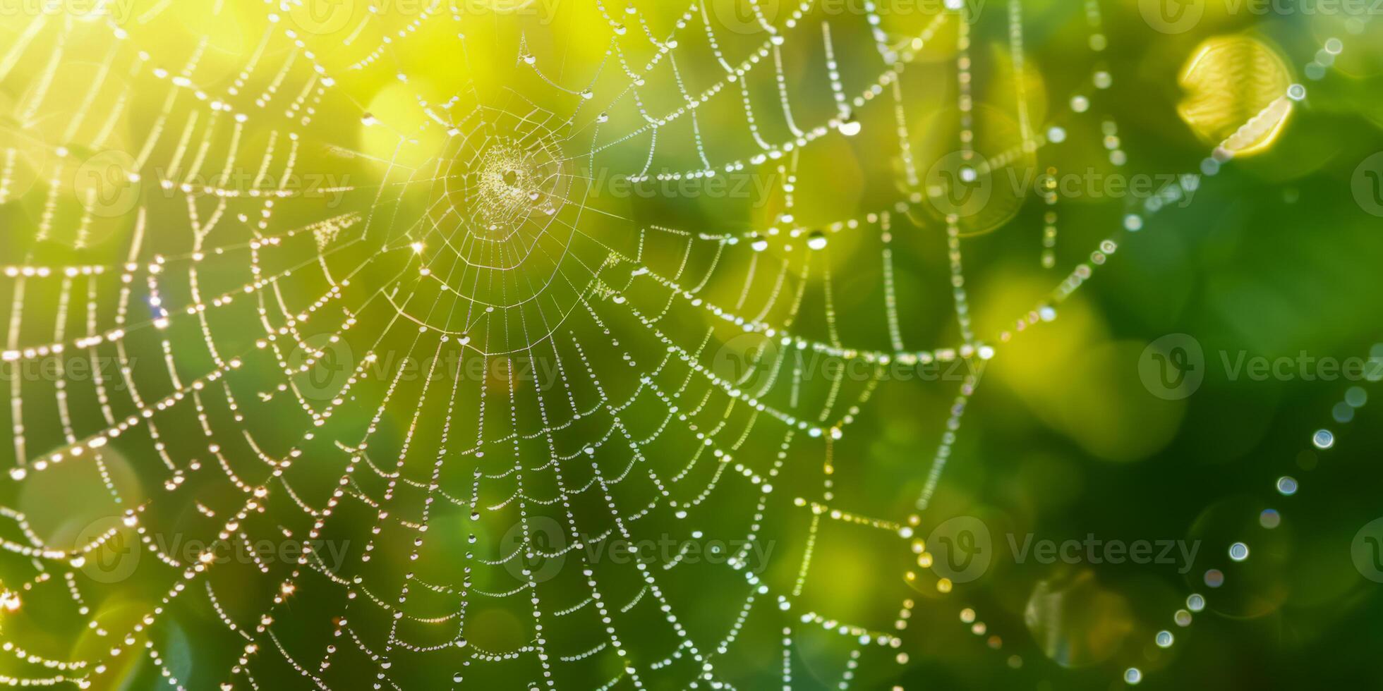 ochtend- dauw sieren een spin web in gouden licht foto