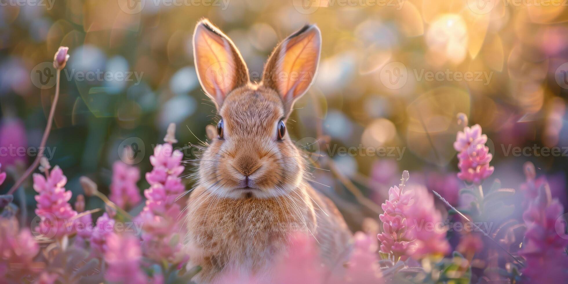 nieuwsgierig konijn tussen roze wilde bloemen in een dromerig weide foto