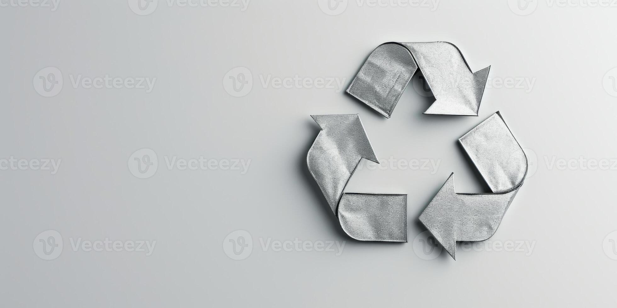 strak metalen recycling icoon Aan een hedendaags grijs achtergrond foto