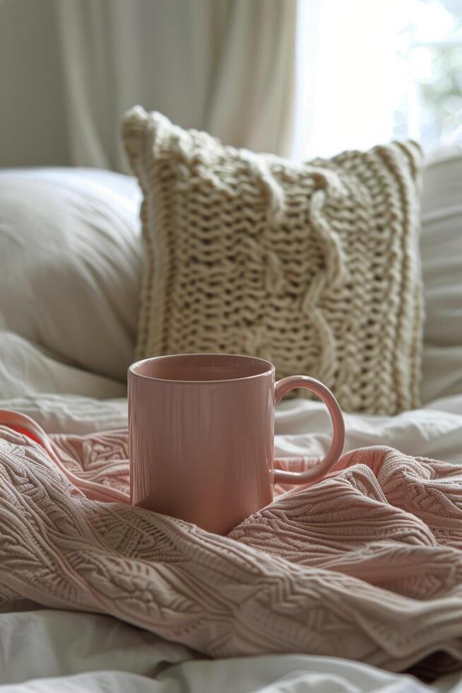 roze koffie kop Aan bed foto