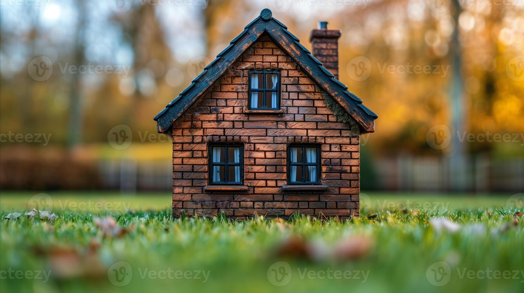 miniatuur steen huis model- Aan met gras begroeid veld- Bij zonsondergang foto