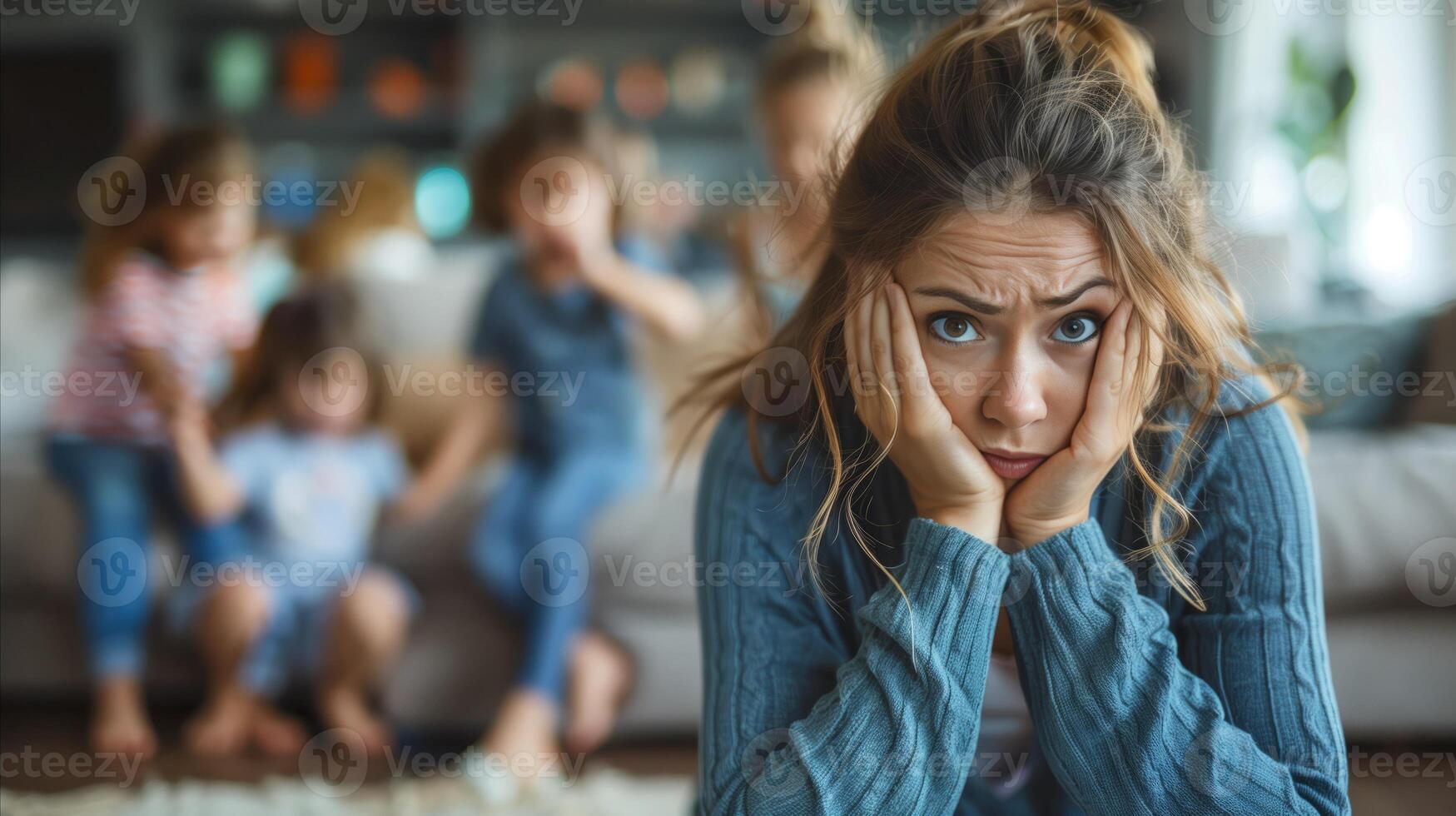 benadrukt moeder overweldigd door kinderen speeltijd chaos foto