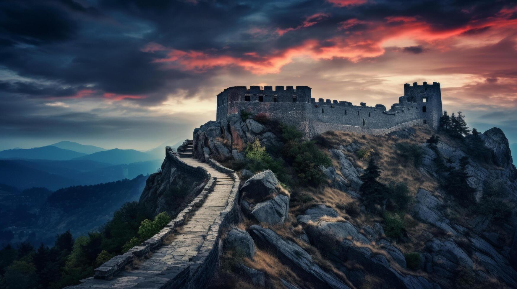 majestueus berg fort onder schemering lucht foto