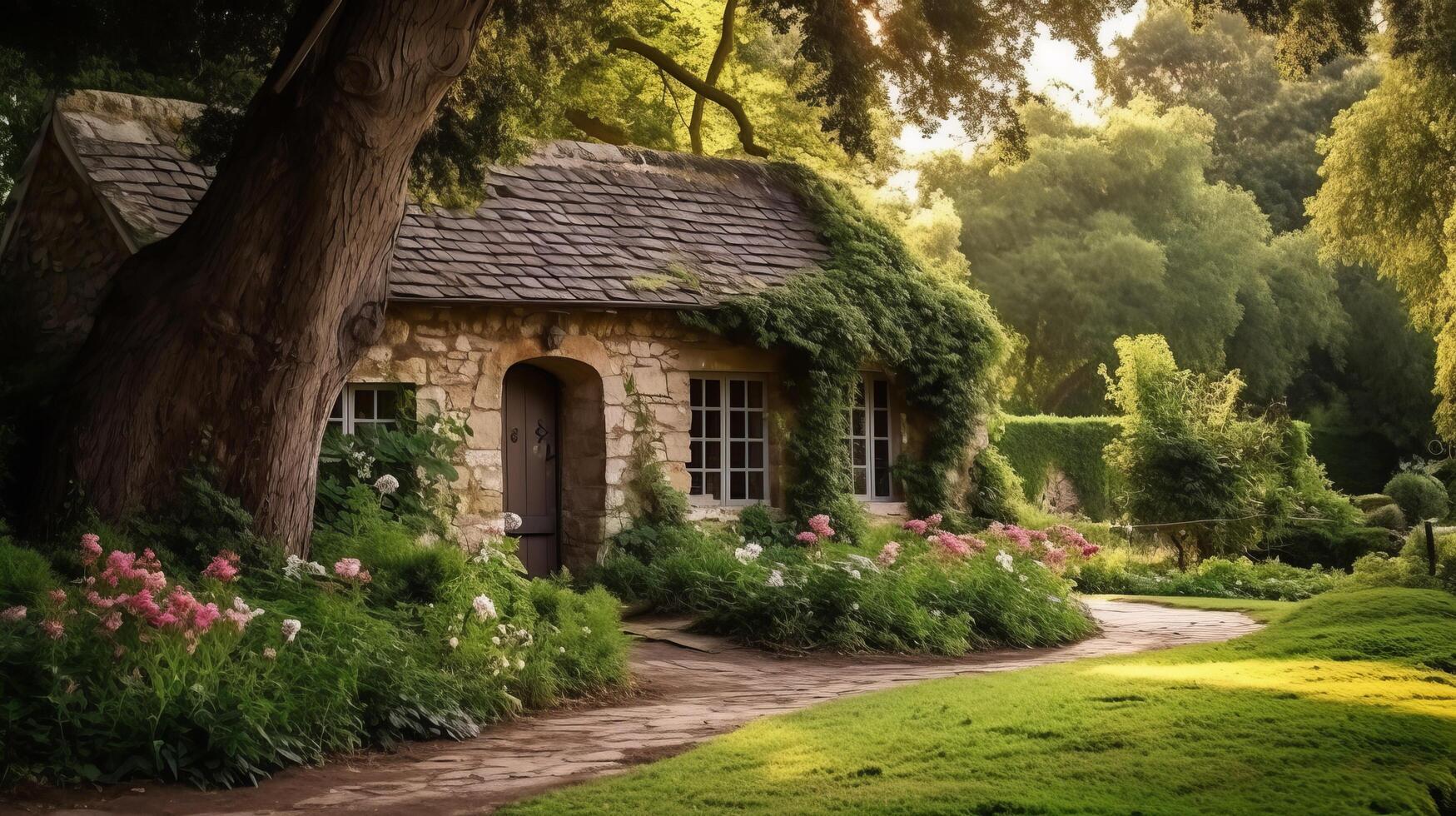 rustig tuin omringt oude steen huisje foto