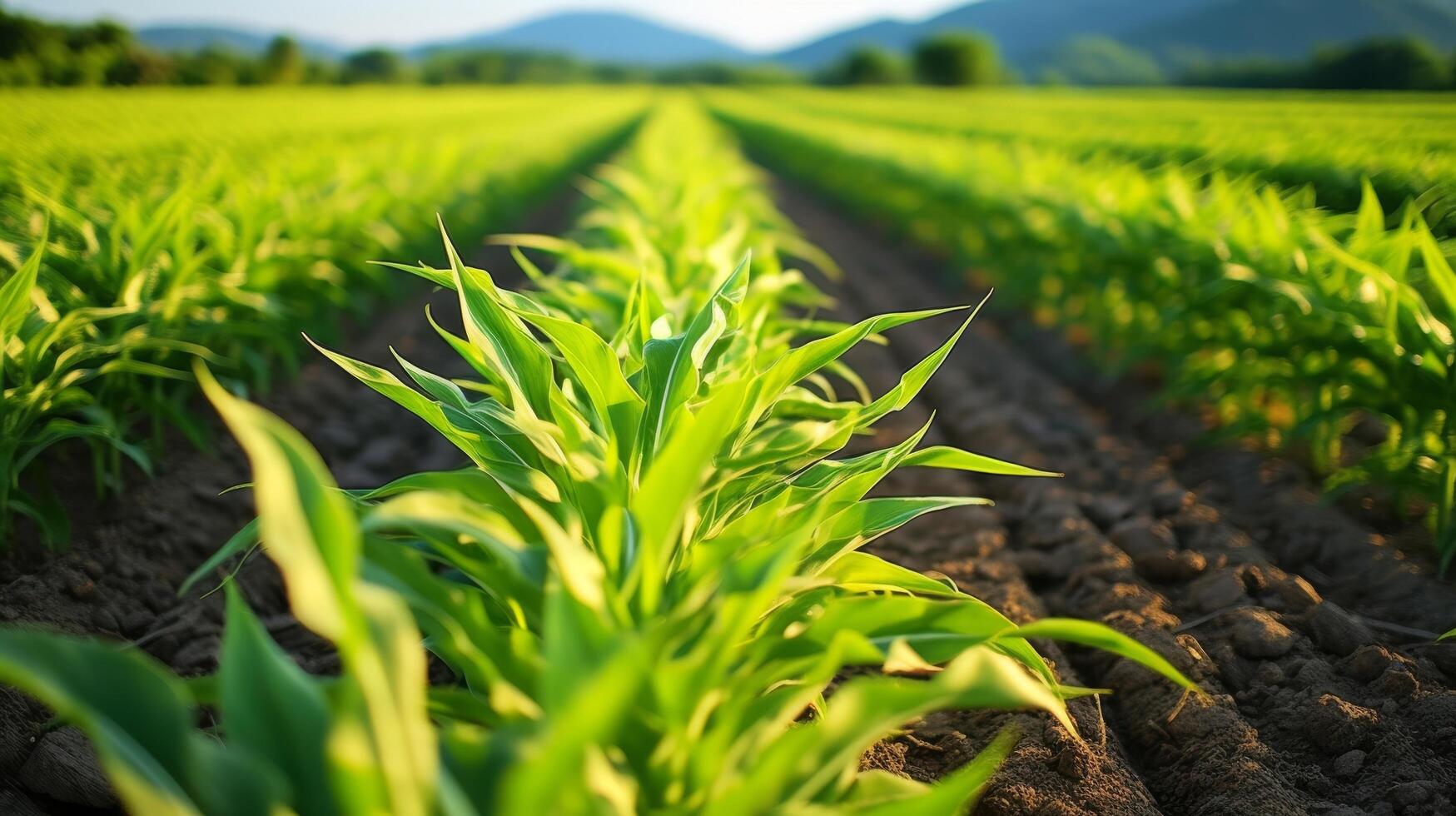 biologisch maïs veld- single stengel rijen foto