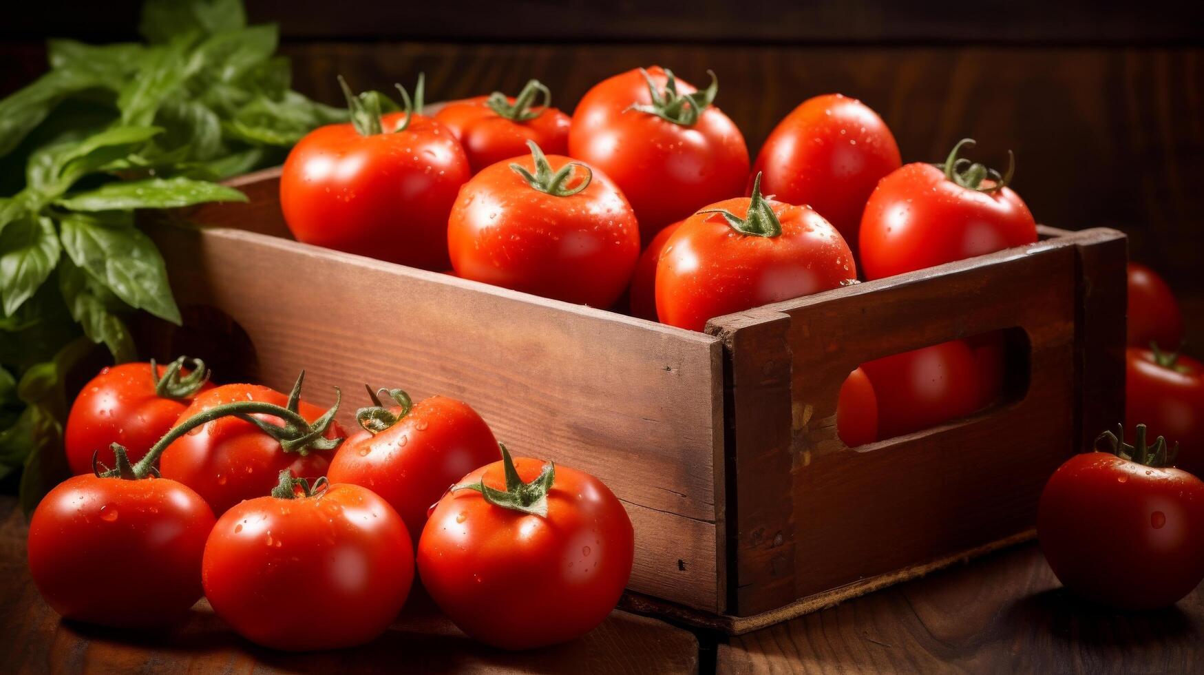 rijp tomaten in wijnoogst houten krat foto