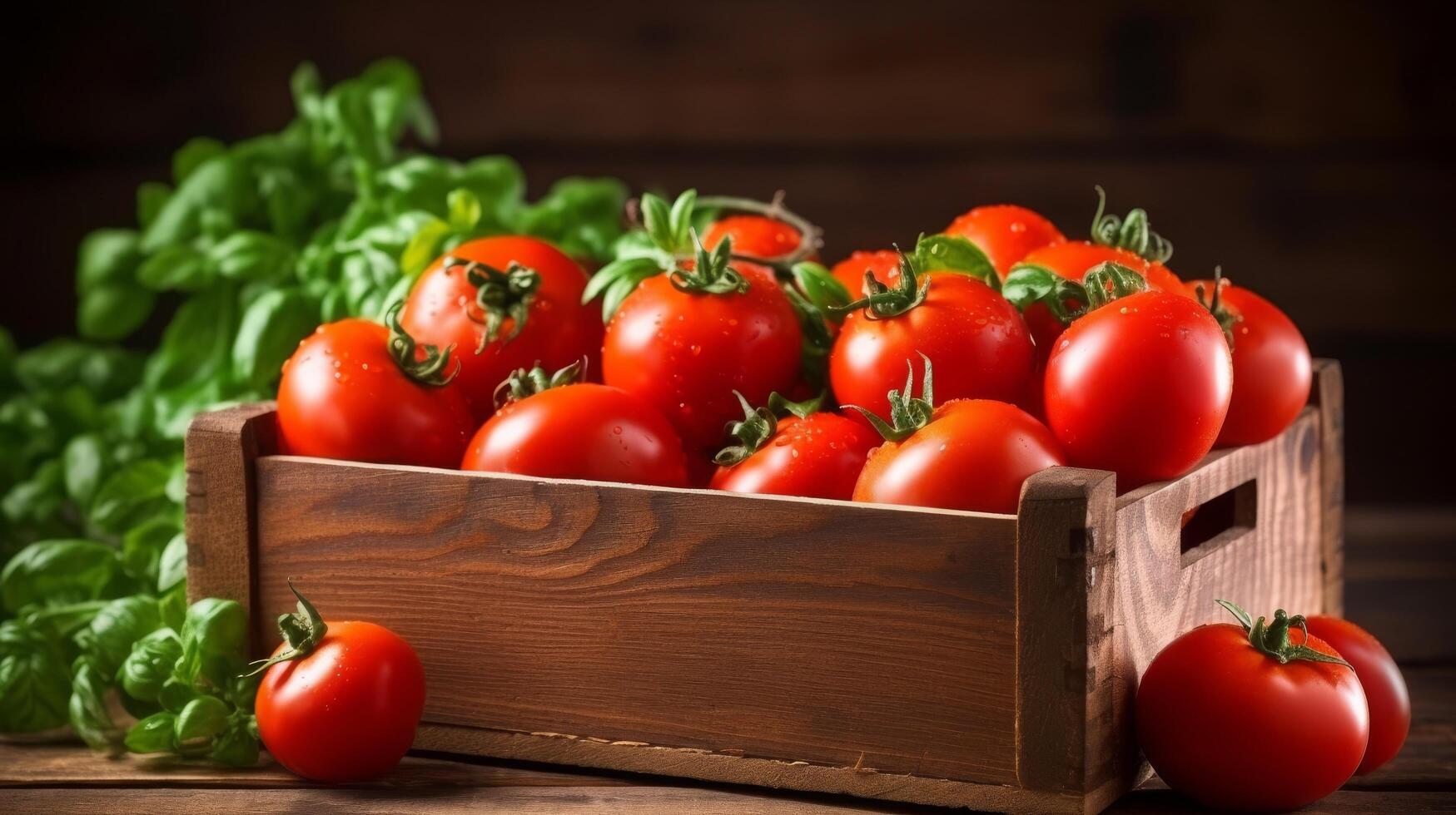 wijnoogst krat gevulde met rijp tomaten foto