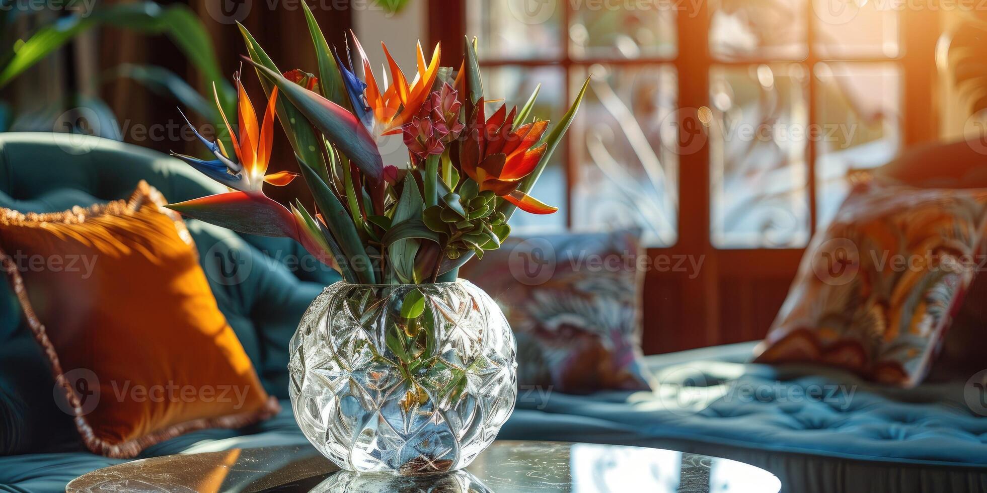 mooi vogel van paradijs bloem arrangement in een kristal vaas foto