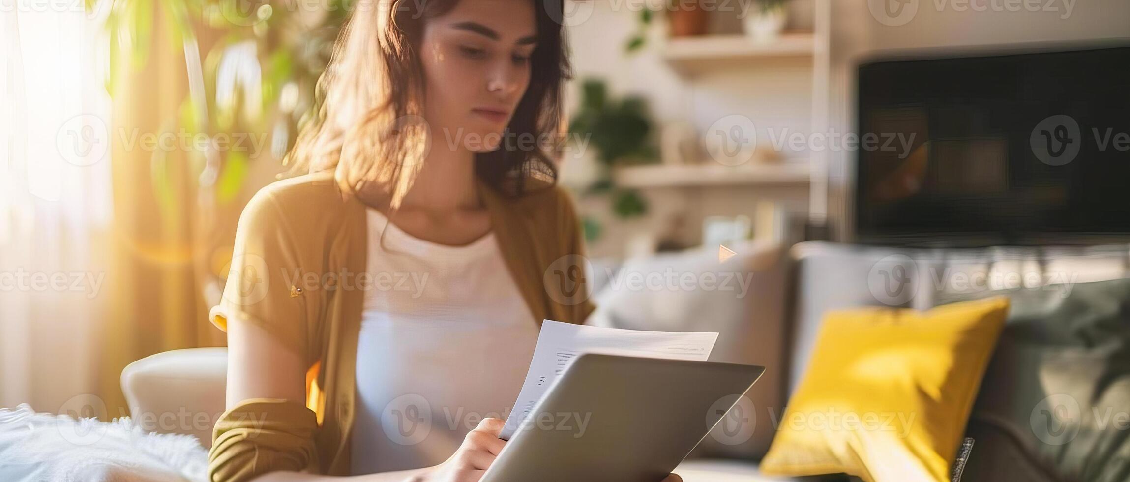 een vrouw Bij huis met een laptop of tablet browsen internetten, betalen rekeningen en boodschappen doen online foto