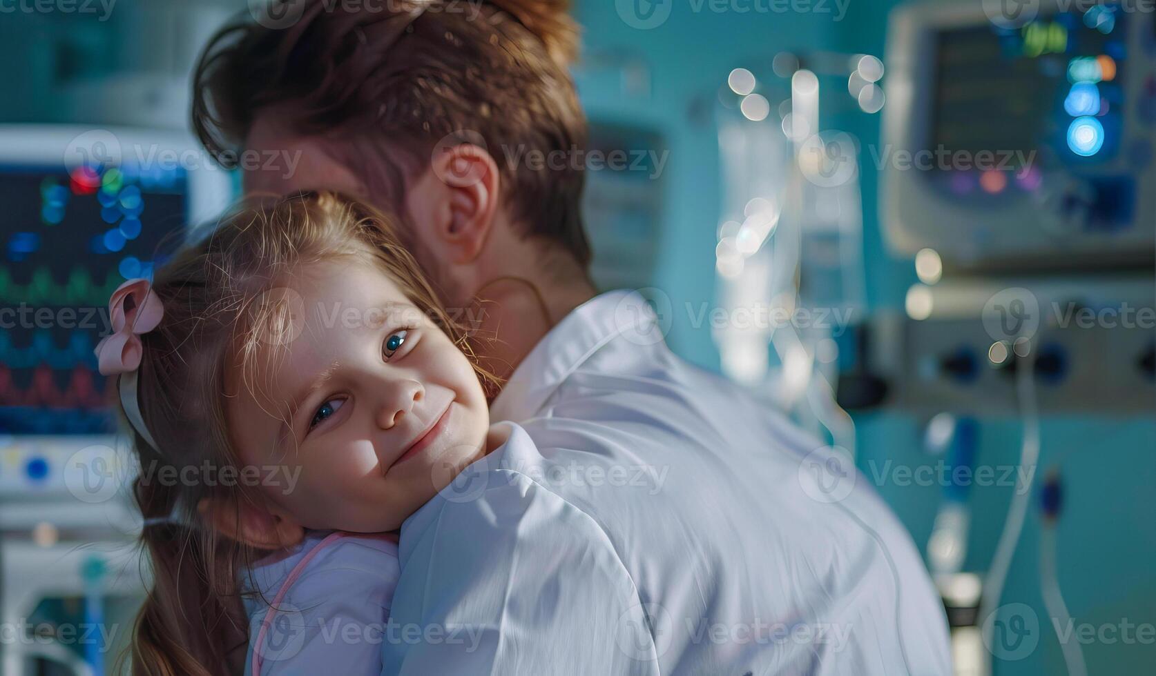 dokter knuffelen weinig meisje in ziekenhuis kamer. glimlachen jong meisje wezen gehouden door een dokter foto