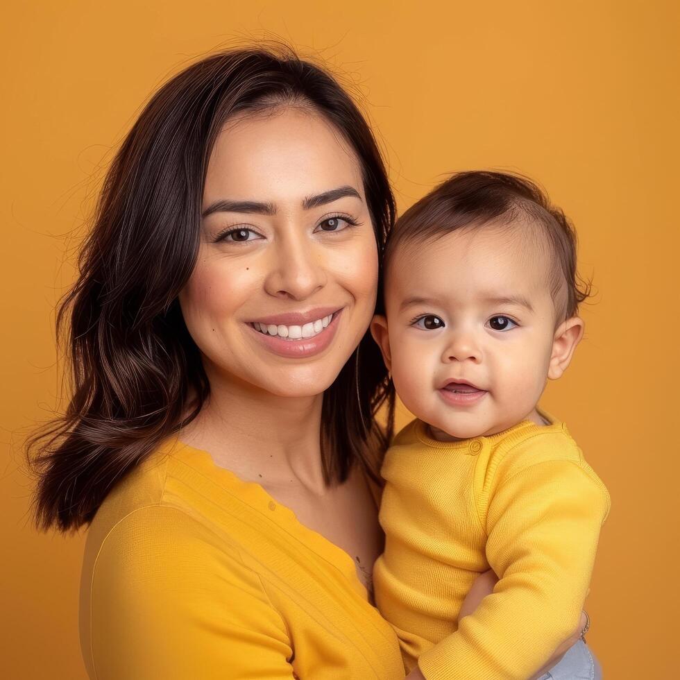 portret van een glimlachen jong moeder met haar baby geschikt voor gezinsgericht reclame foto