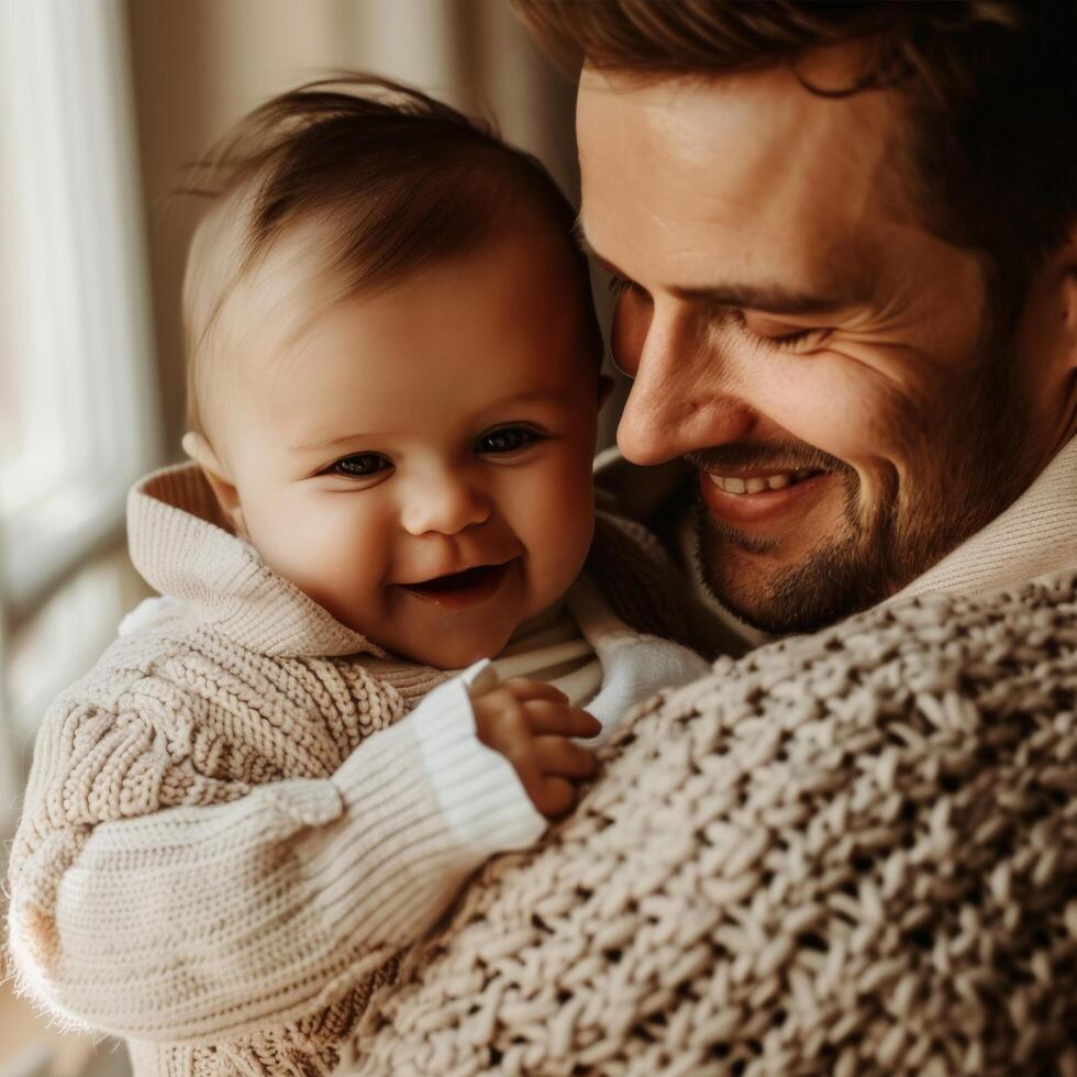 vader Holding zijn baby in een inschrijving moment geschikt voor familie of ouderschap inhoud foto