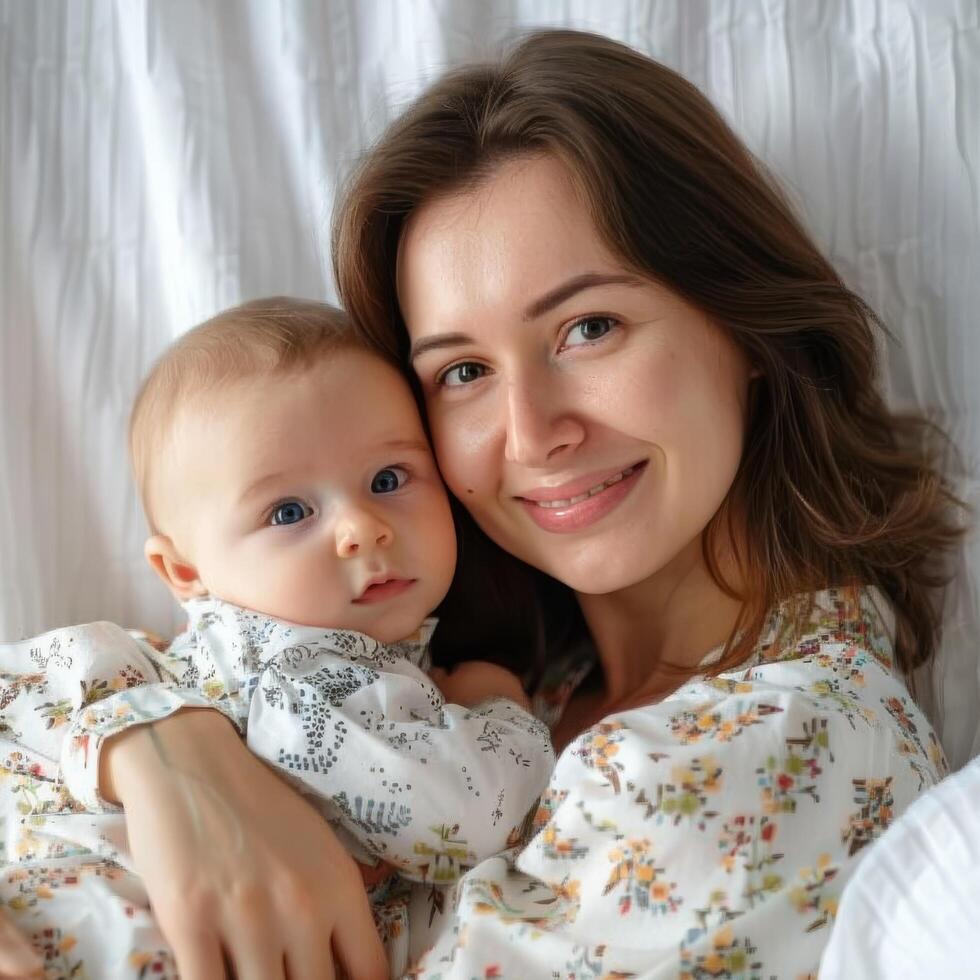 moeder Holding haar baby in een inschrijving omhelzing foto