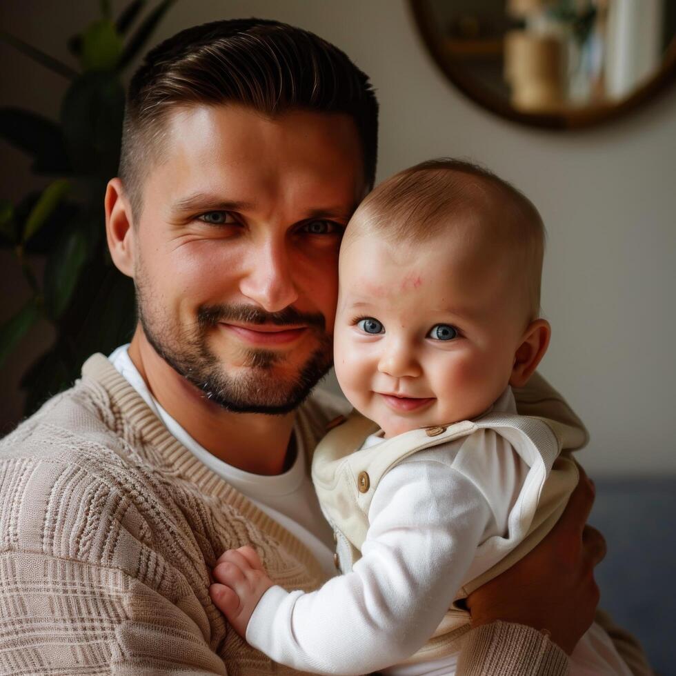 vader Holding zijn baby, warm familie moment geschikt voor ouderschap en levensstijl industrieën foto