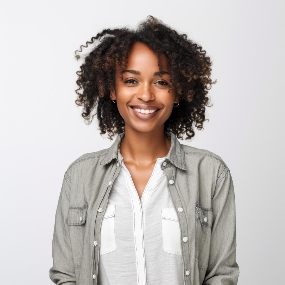 portret van een glimlachen jong zwart vrouw perfect voor schoonheid en levensstijl merken foto