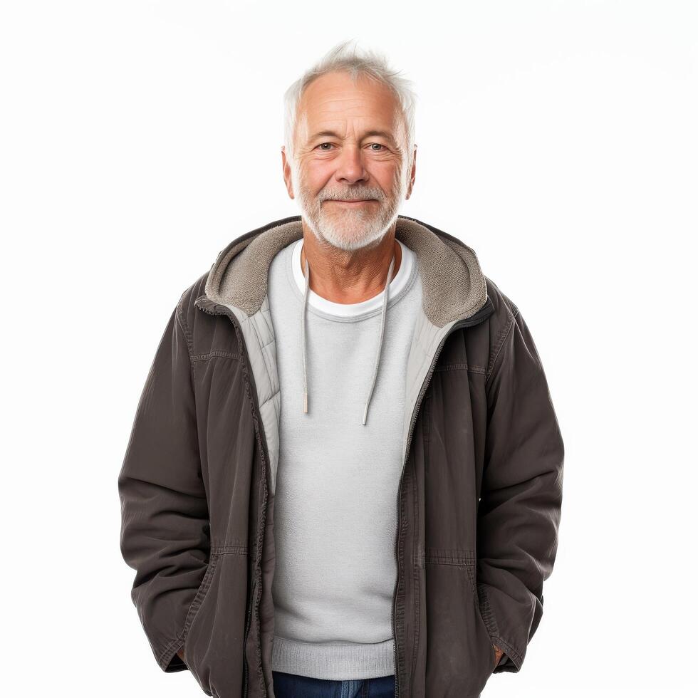 portret van een glimlachen senior Mens in gewoontjes kleding geschikt voor levensstijl of gezondheidszorg reclame foto