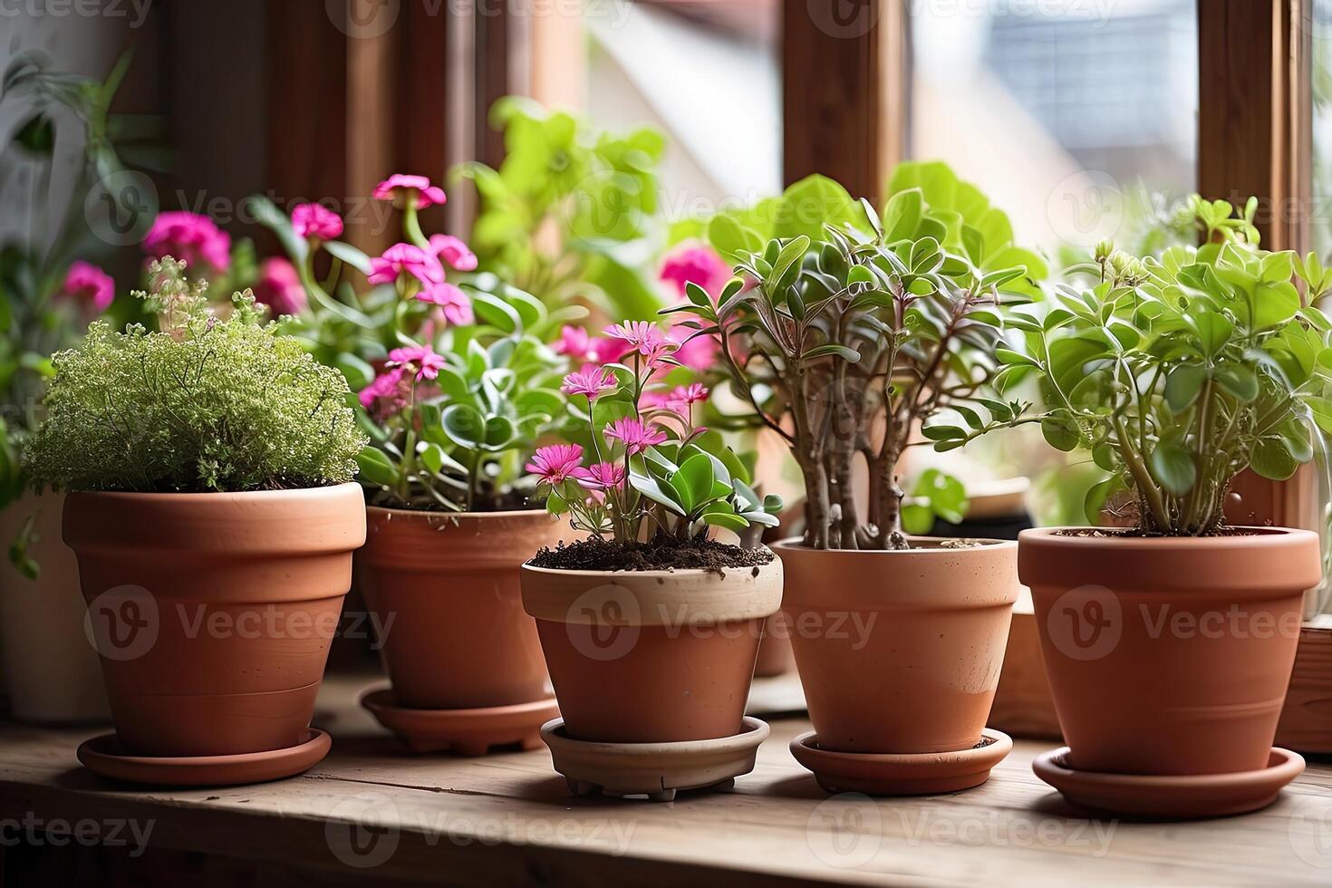 populair ingemaakt planten in een terracotta pot Aan de venster dorpel van de huis venster, balkon, sappig, begonia, bloeiend, ficus. foto