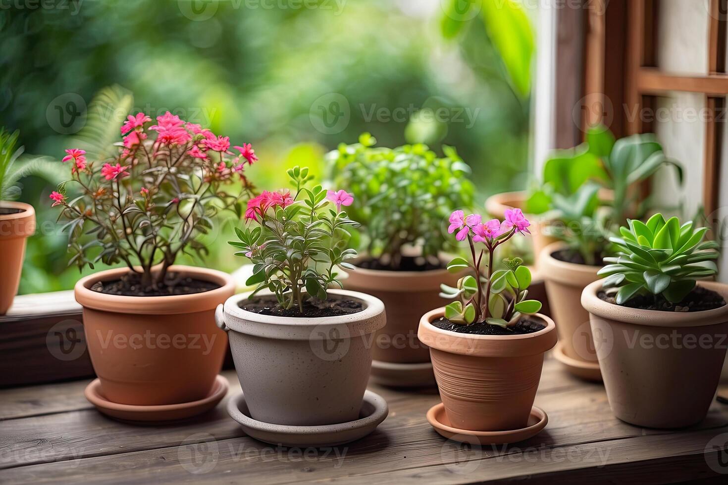 populair ingemaakt planten in een terracotta pot Aan de venster dorpel van de huis venster, balkon, sappig, begonia, bloeiend, ficus. foto