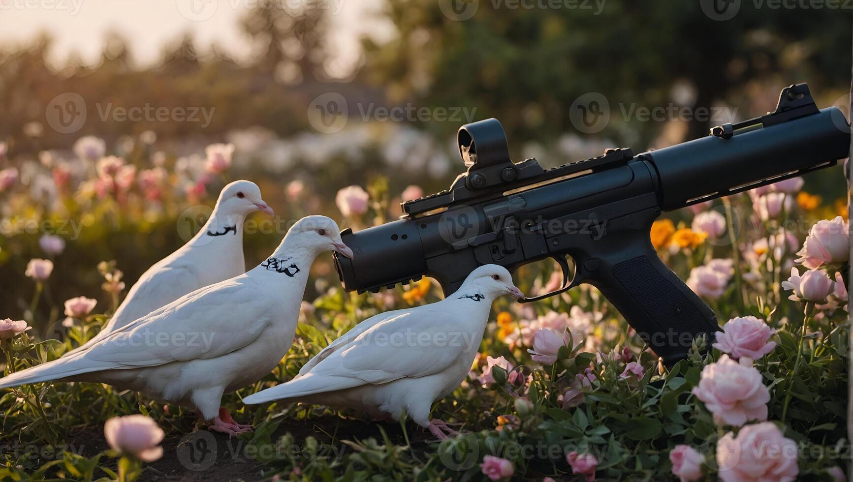 duiven met bloemen en geweren, vrede, hoop. foto