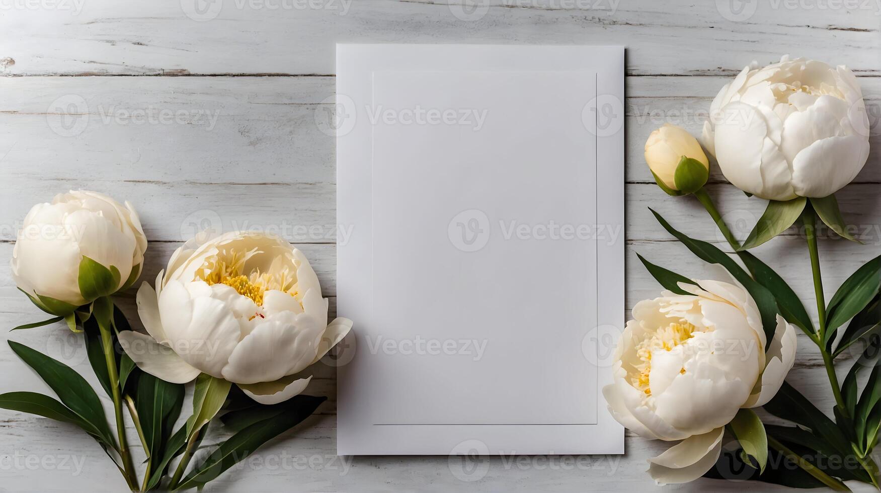 bruiloft uitnodiging mockup met wit pioenrozen, blanco vel van papier met kopiëren ruimte foto