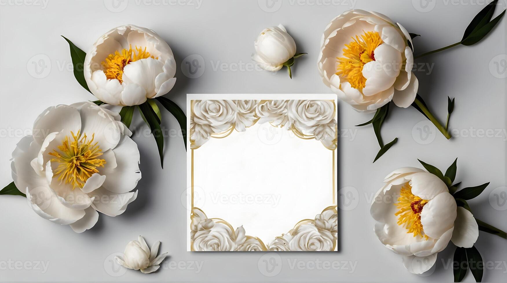 bruiloft uitnodiging mockup met wit pioenrozen, blanco vel van papier met kopiëren ruimte foto