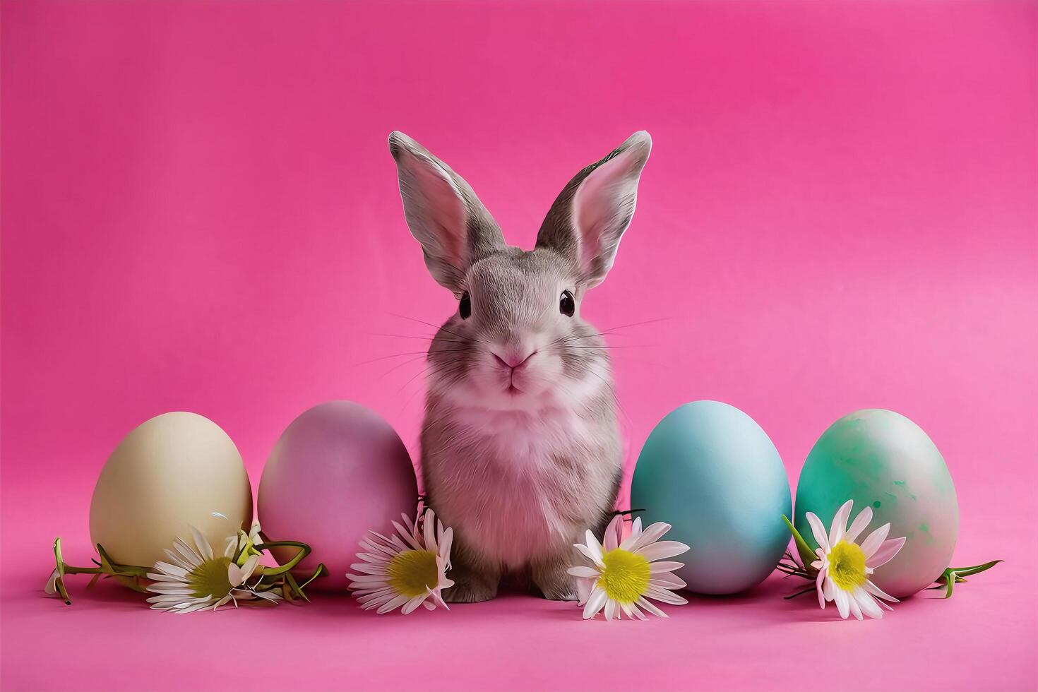 een konijn is zittend De volgende naar haar eieren Aan een roze achtergrond, omringd door bloemen foto