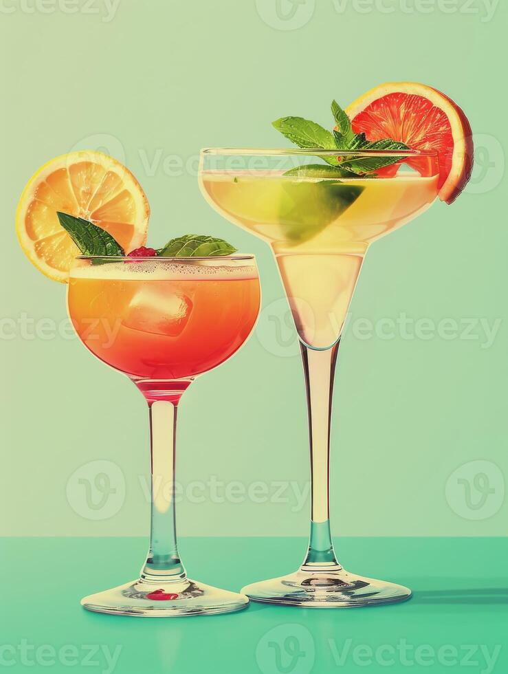 wijnoogst jaren 80, 90s cocktails drinken Aan groen achtergrond. retro stijl poster met drank foto