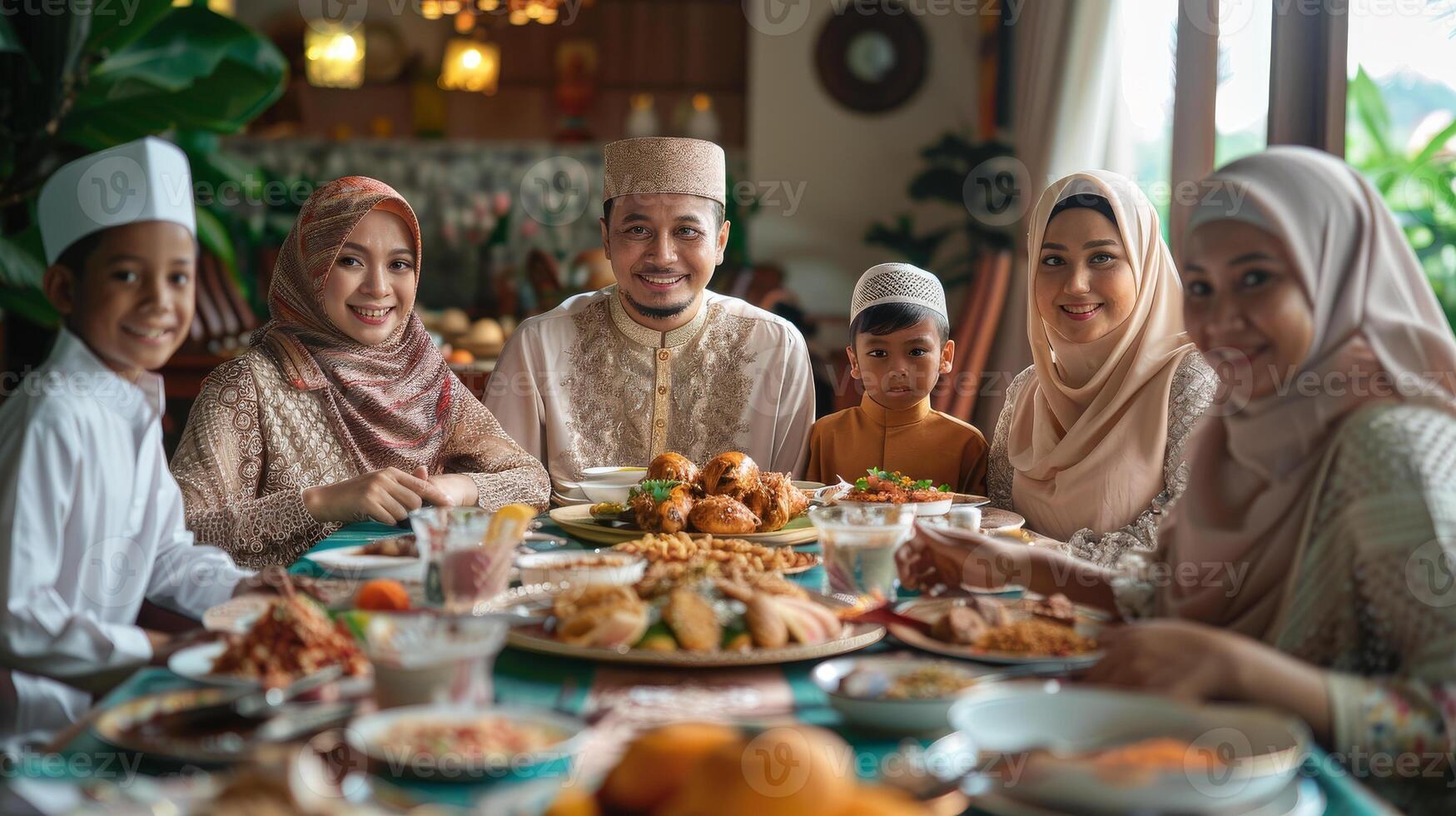 de groot moslim familie aan het eten gedurende vieren eid al adha. traditioneel voedsel foto