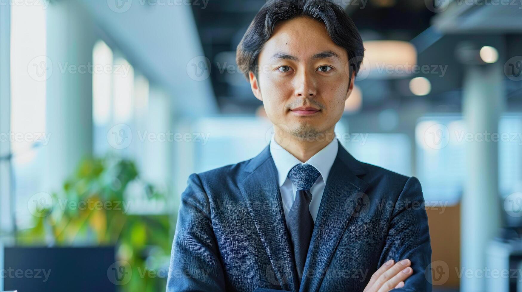 jong Japans zakenman in pak in voorkant van wazig kantoor achtergrond foto