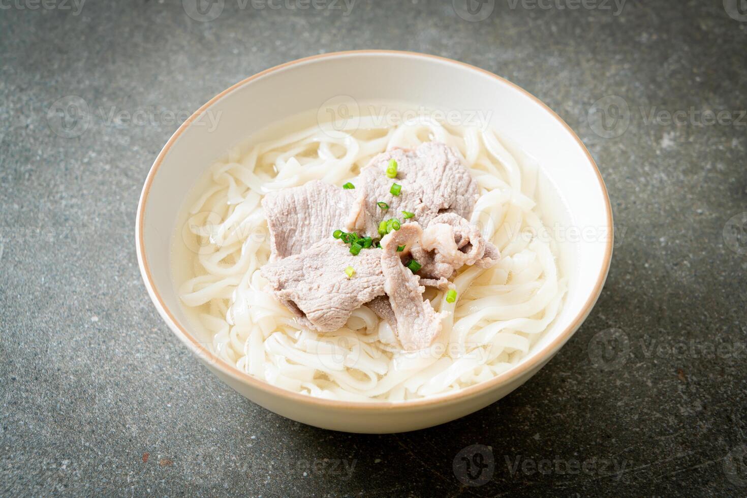udon noedels met varkensvlees in heldere soep foto