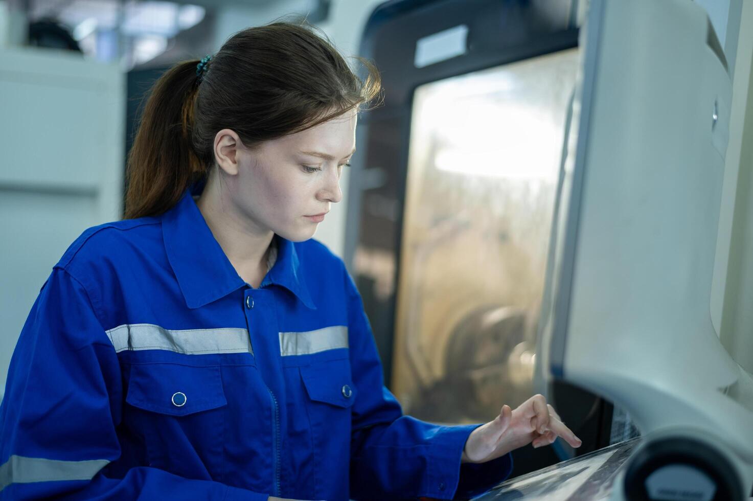 vrouw robotica ingenieurs gebruik makend van controleur naar van een afstand bedienen programmering en manipuleren robot hand, industrieel robotica ontwerp, hoog tech faciliteit, modern machine aan het leren. foto