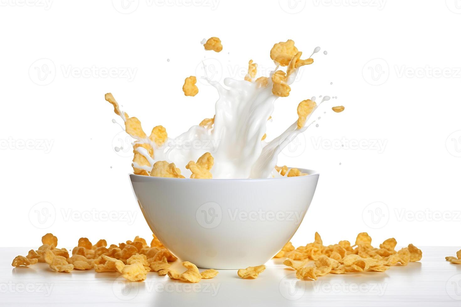 kom van cornflakes en melk plons geïsoleerd Aan wit achtergrond foto