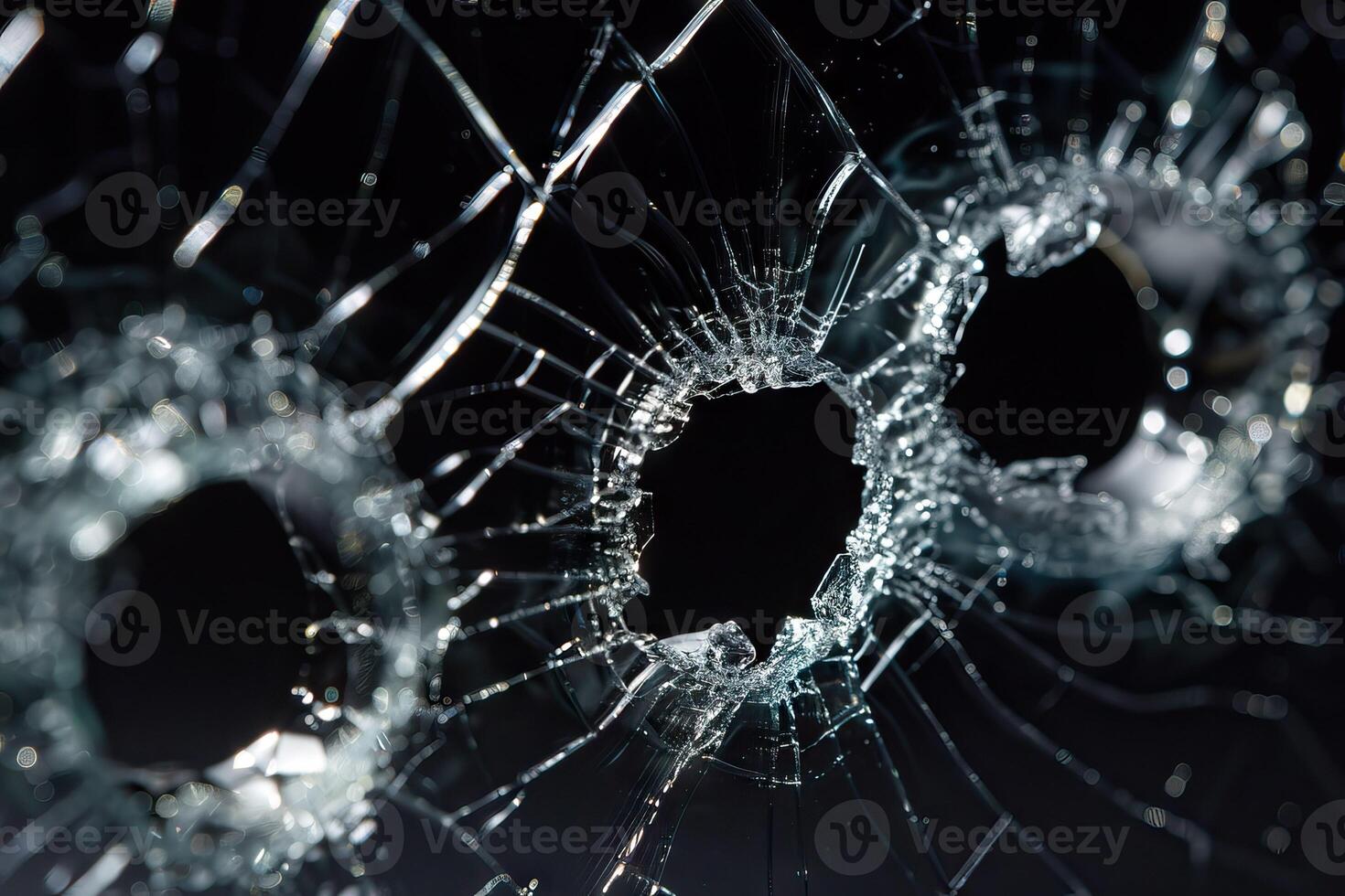kogel gaten in glas geïsoleerd Aan zwart kogel gaten van .40 handgeweer detailopname kogel gaten foto