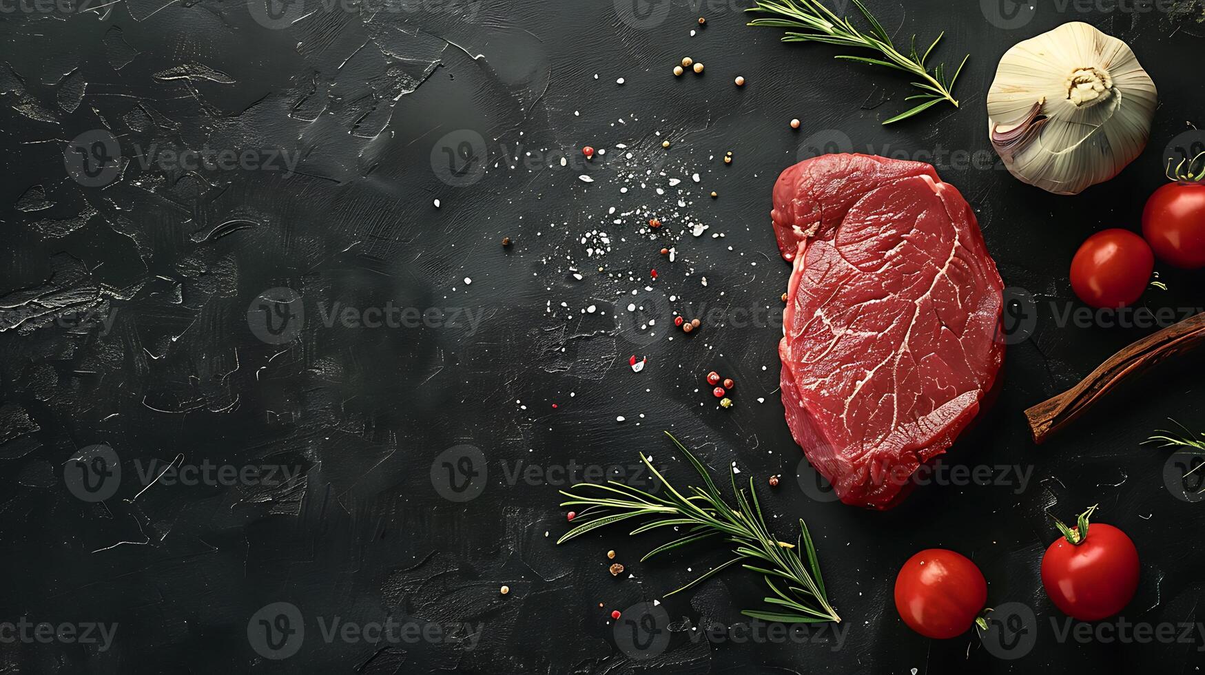 vers en sappig rauw rundvlees steak Aan donker houten tafel achtergrond, top visie voor een dichtbij kijken foto