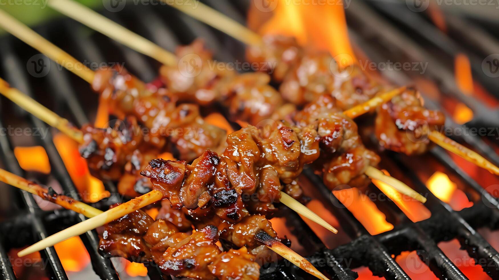 dichtbij omhoog van saté Aan barbecue foto