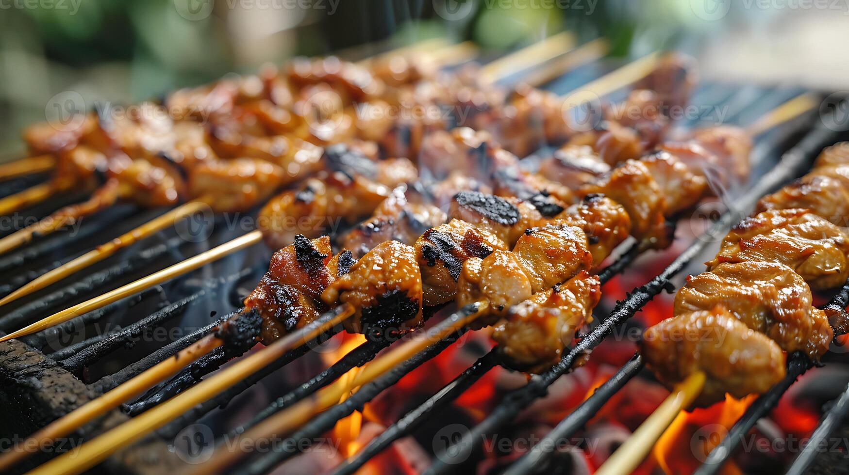 dichtbij omhoog van saté Aan barbecue foto