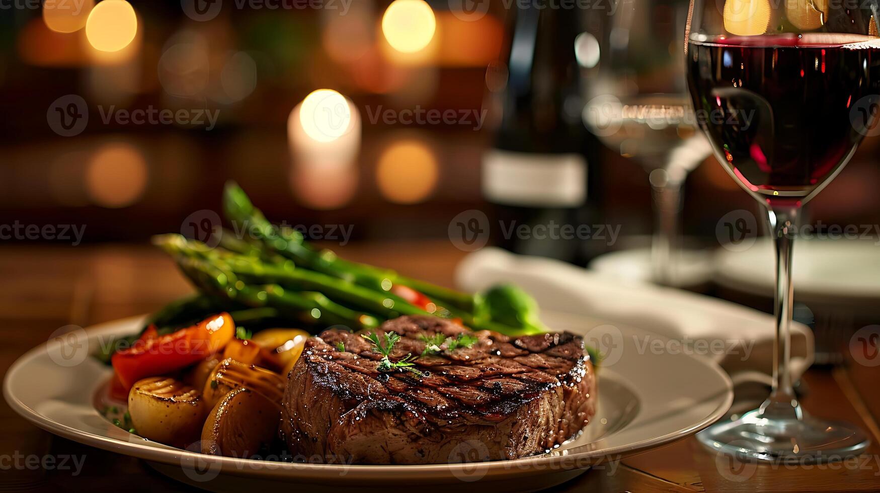 heerlijk rundvlees vlees steak in een restaurant met een glas van wijn voor avondeten foto