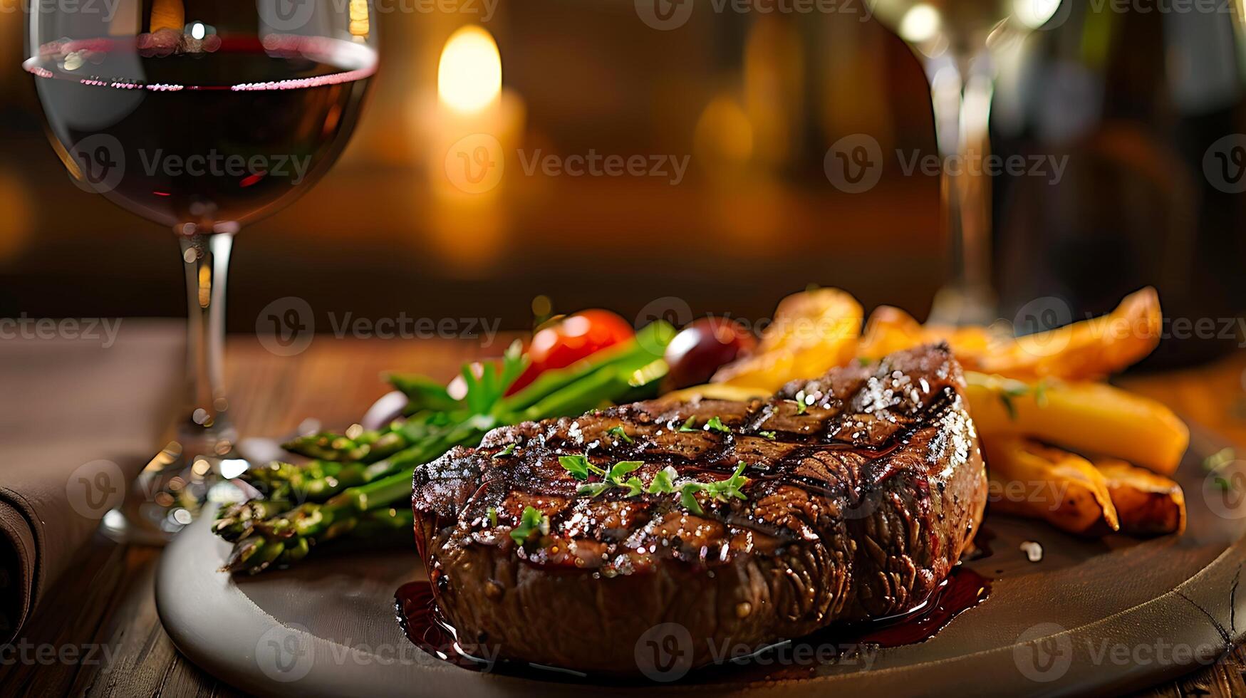 heerlijk rundvlees vlees steak in een restaurant met een glas van wijn voor avondeten foto