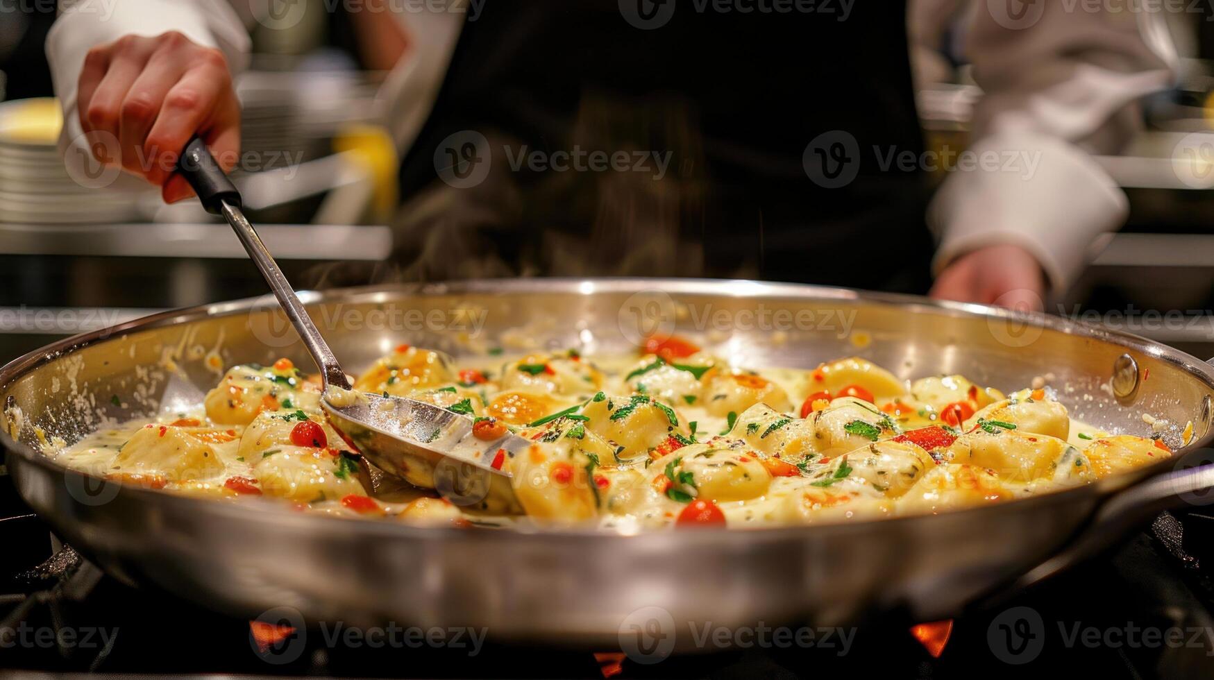 een persoon Koken voedsel in een pan Aan een fornuis foto