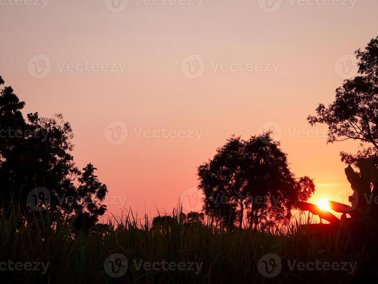 spectaculair zonsondergang over, oranje zon stijgende lijn omhoog over- de horizon foto